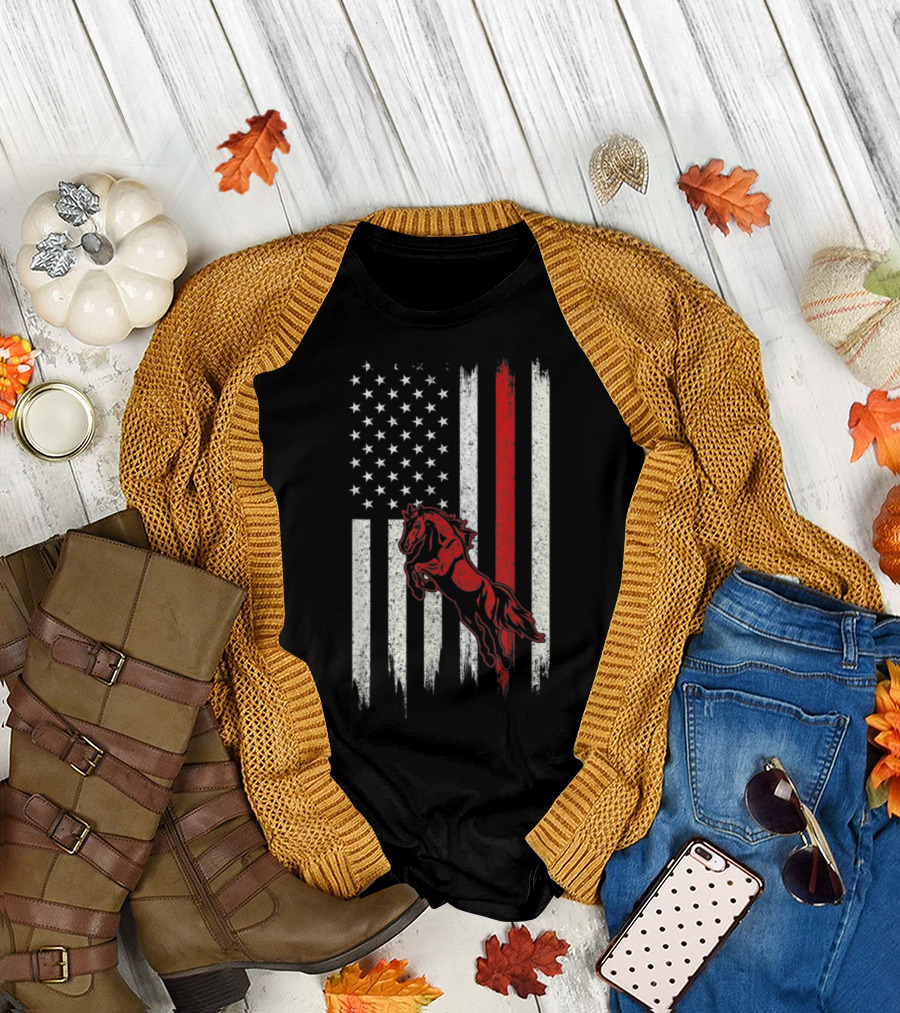 Distressed American Flag With Red Horse T-Shirt