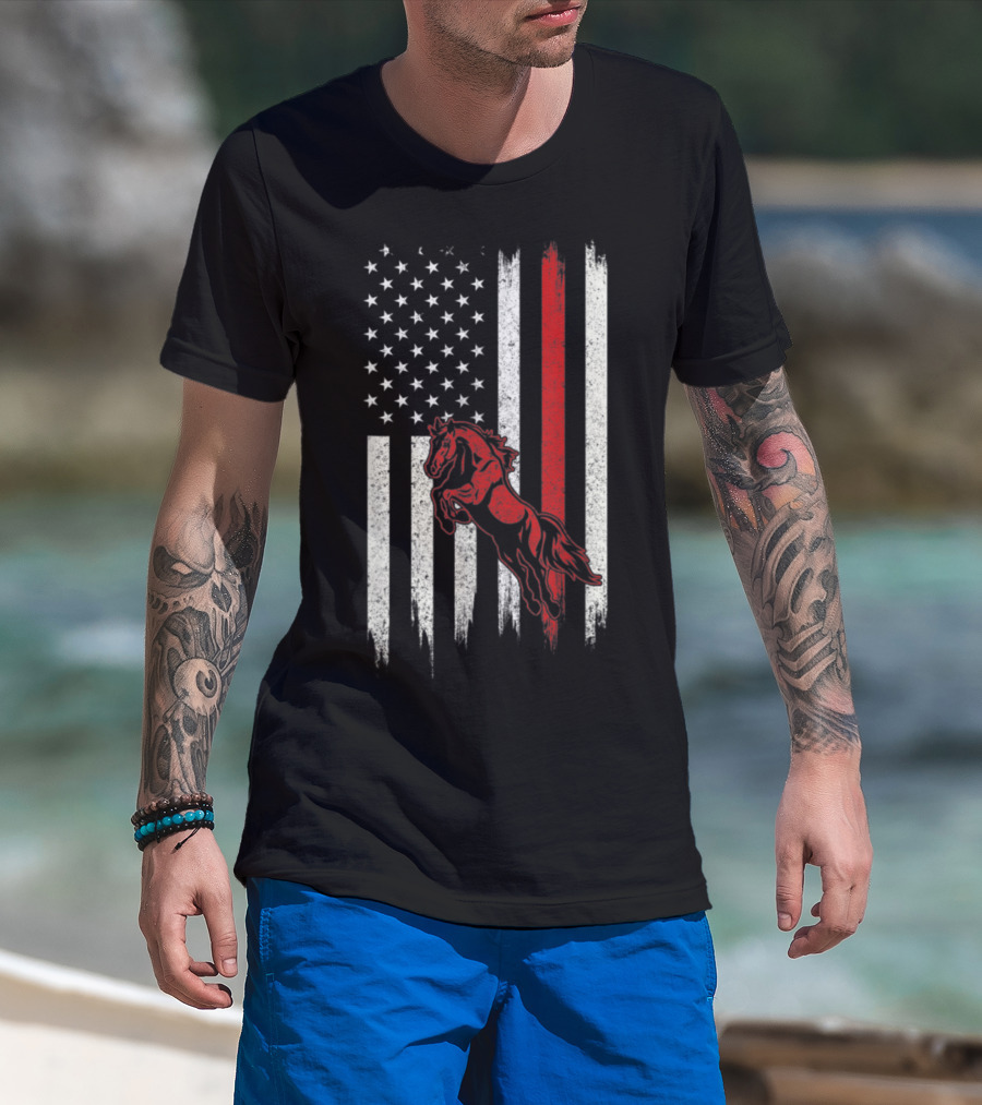 Distressed American Flag With Red Horse T-Shirt