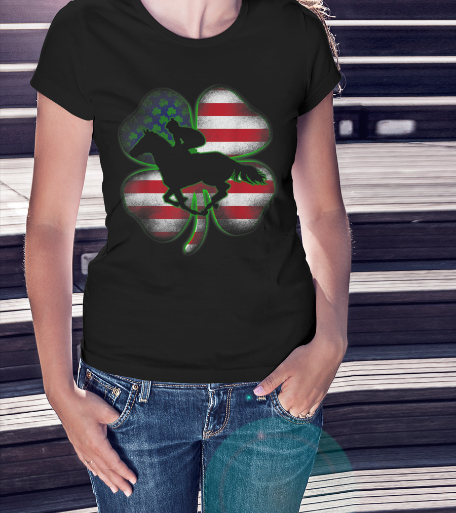 Distressed Horse Racing Shamrocks American Flag St 8W T-Shirt