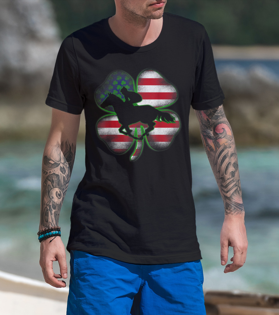 Distressed Horse Racing Shamrocks American Flag St 8W T-Shirt