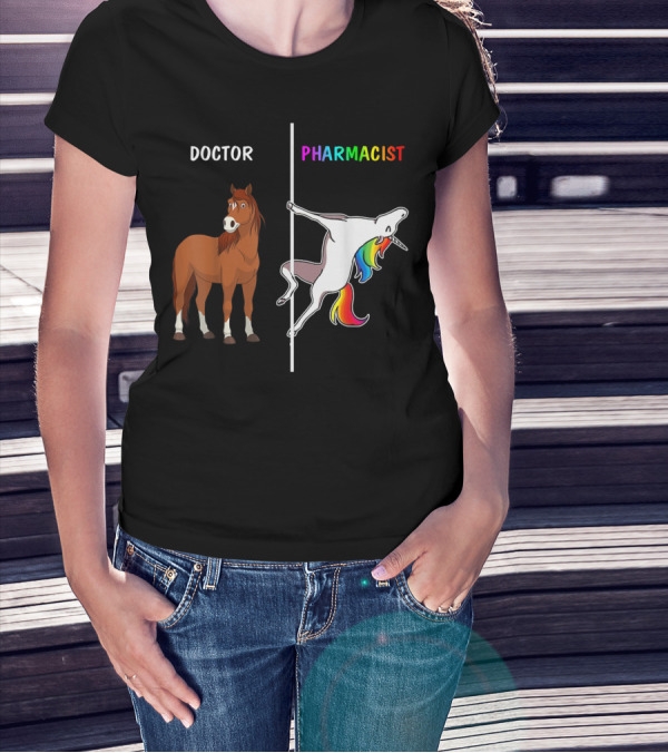 Doctor Horse Vs. Pharmacist Unicorn Rainbow Contrast T-Shirt