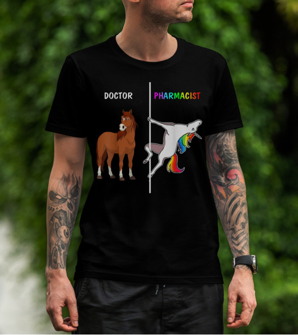 Doctor Horse Vs. Pharmacist Unicorn Rainbow Contrast T-Shirt