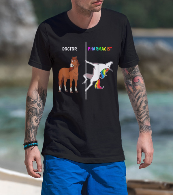 Doctor Horse Vs. Pharmacist Unicorn Rainbow Contrast T-Shirt