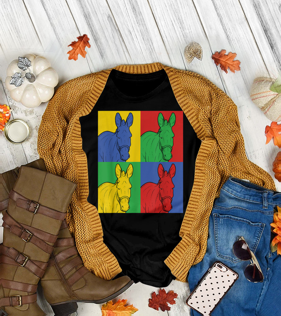 Donkey Pop Art Horse Colorful Four Panel T-Shirt