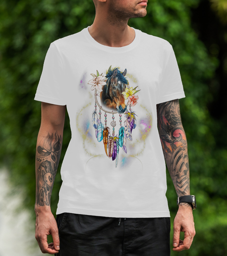 Dream Catcher Horse With Feathers And Flowers For Animal Lovers T-Shirt