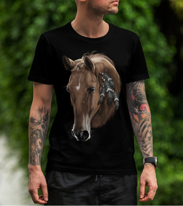 Cute Brown Tribal Horse With Feather Adornments T-Shirt