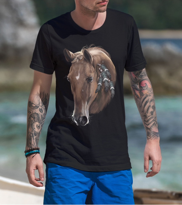 Cute Brown Tribal Horse With Feather Adornments T-Shirt