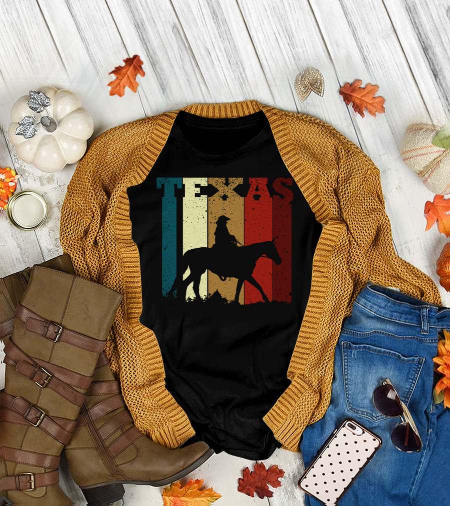 Texas Vintage Cowboy Horse Silhouette Distressed Stripes T-Shirt