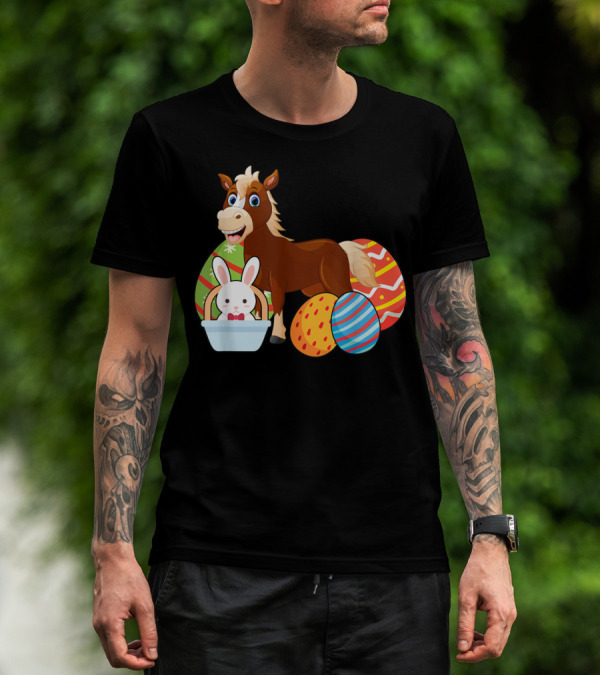 Funny Easter Horse Bunny With Colorful Eggs Happy Easter T-Shirt