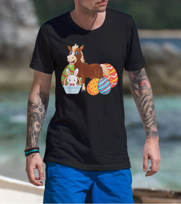 Funny Easter Horse Bunny With Colorful Eggs Happy Easter T-Shirt