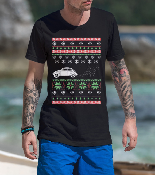 Classic Car Ugly Christmas Sweater Style Snowflakes And Trees T-Shirt