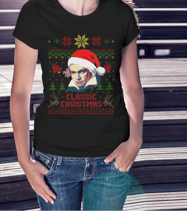 Classic Christmas Beethoven Santa Hat Reindeer Snowflakes T-Shirt