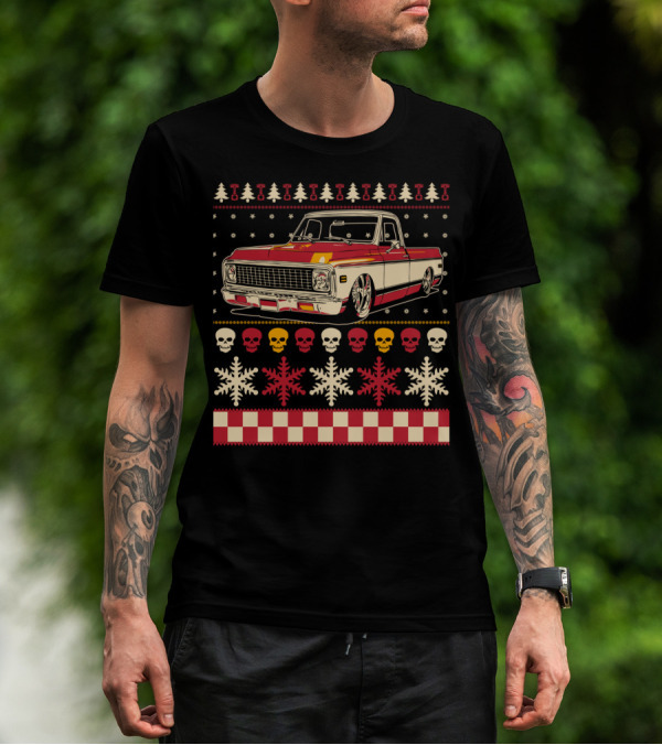 Classic Antique Pickup Truck Ugly Christmas Sweater Skulls Snowflakes T-Shirt