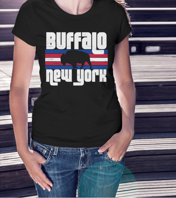 Buffalo New York Bison Silhouette Retro Stripes T-Shirt