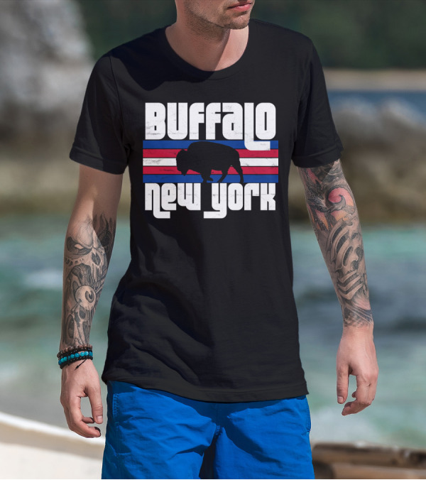 Buffalo New York Bison Silhouette Retro Stripes T-Shirt