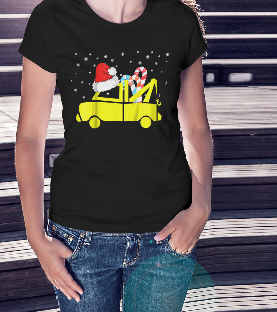 Kids Tow Truck Boys Christmas Santa Hat Candy Cane Snow T-Shirt
