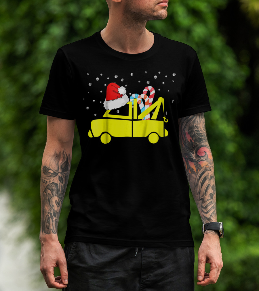 Kids Tow Truck Boys Christmas Santa Hat Candy Cane Snow T-Shirt