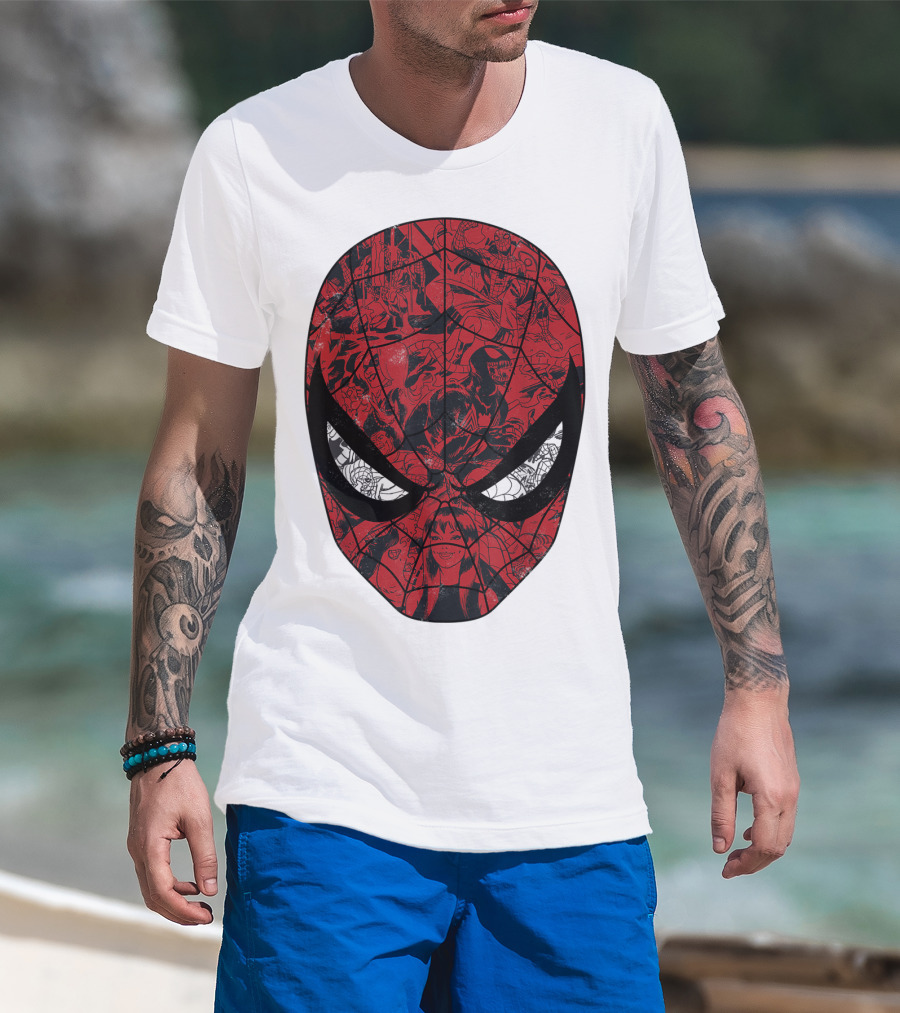 Spiderman Mask Marvel Comic Collage T-Shirt