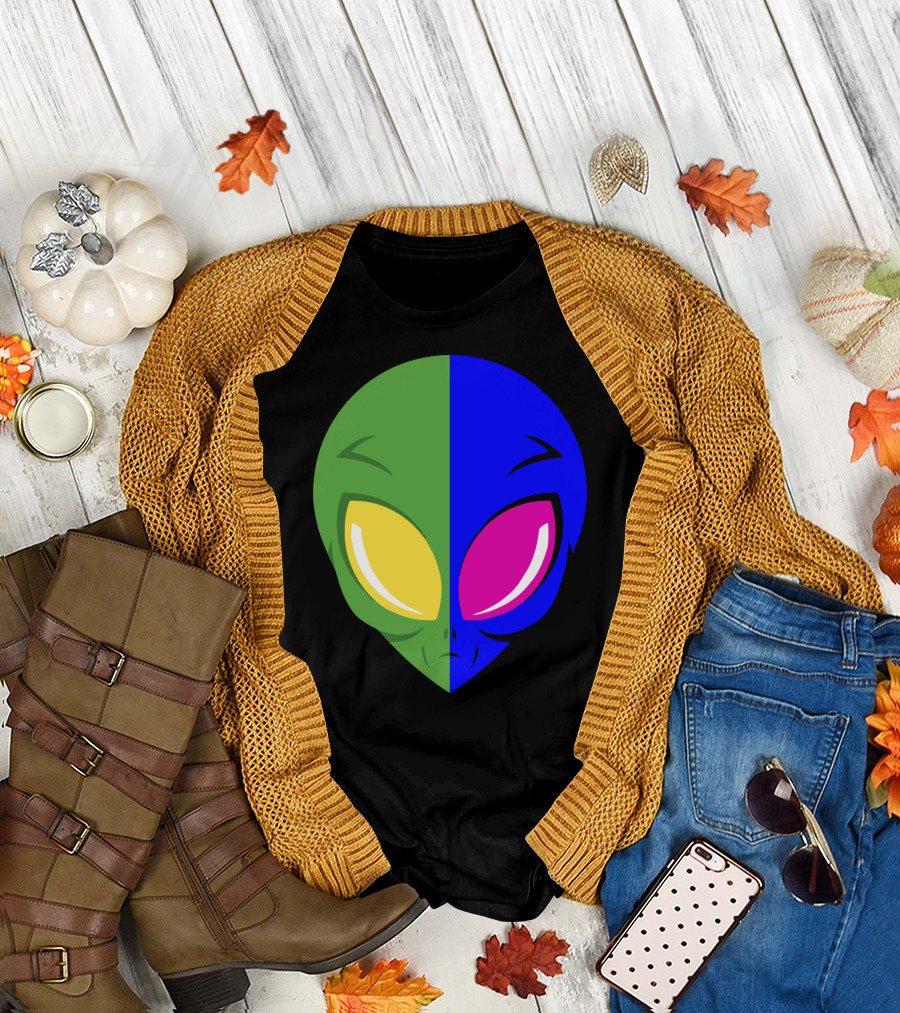 Mens Glow In The Dark Alien Head Dual Colors Green Blue Yellow Pink T-Shirt