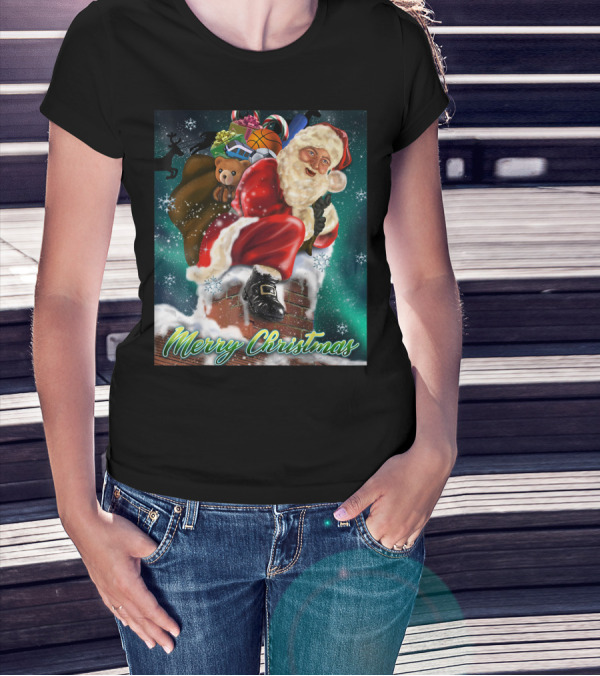 Merry Christmas Santa Claus On Chimney With Toy Sack Holiday Scene T-Shirt