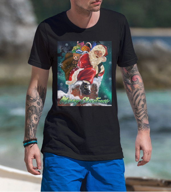 Merry Christmas Santa Claus On Chimney With Toy Sack Holiday Scene T-Shirt