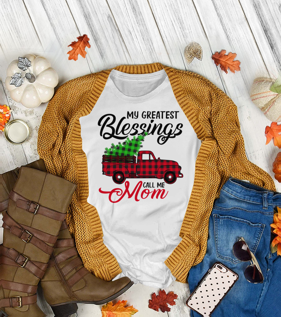 My Greatest Blessings Call Me Mom Red Plaid Truck with Christmas Tree T-Shirt