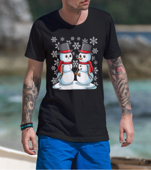 Naughty Christmas Snowmen With Carrot And Top Hats Amidst Snowflakes T-Shirt