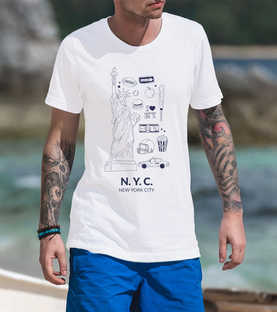 Statue Of Liberty NYC I Love NY Football Baseball Taxi New York City T-Shirt