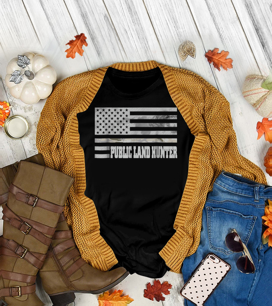 Public Land Hunter Camo Thin Line USA Flag Hunting American Pride T-Shirt