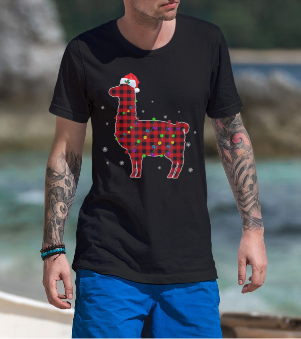 Red Plaid Buffalo Llama Christmas Lights Santa Hat T-Shirt