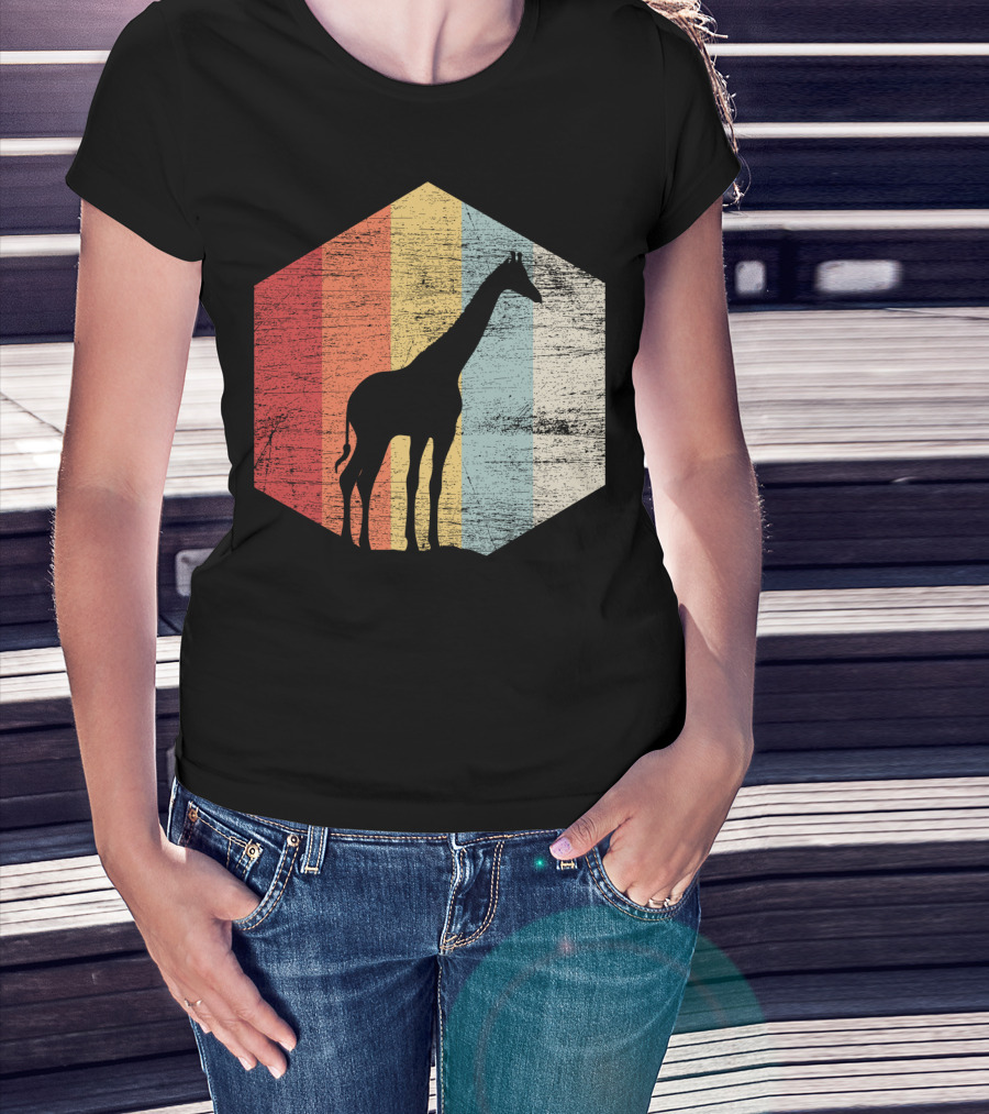Retro Giraffe Silhouette With Vintage Stripes T-Shirt
