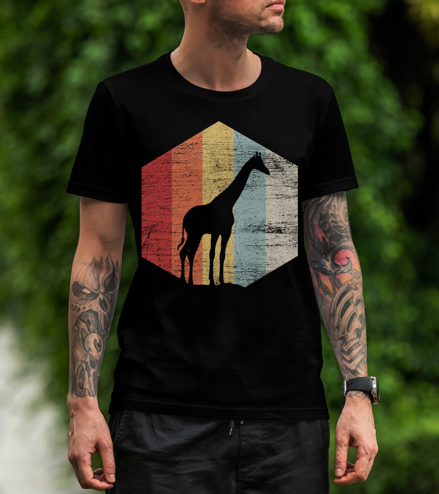 Retro Giraffe Silhouette With Vintage Stripes T-Shirt