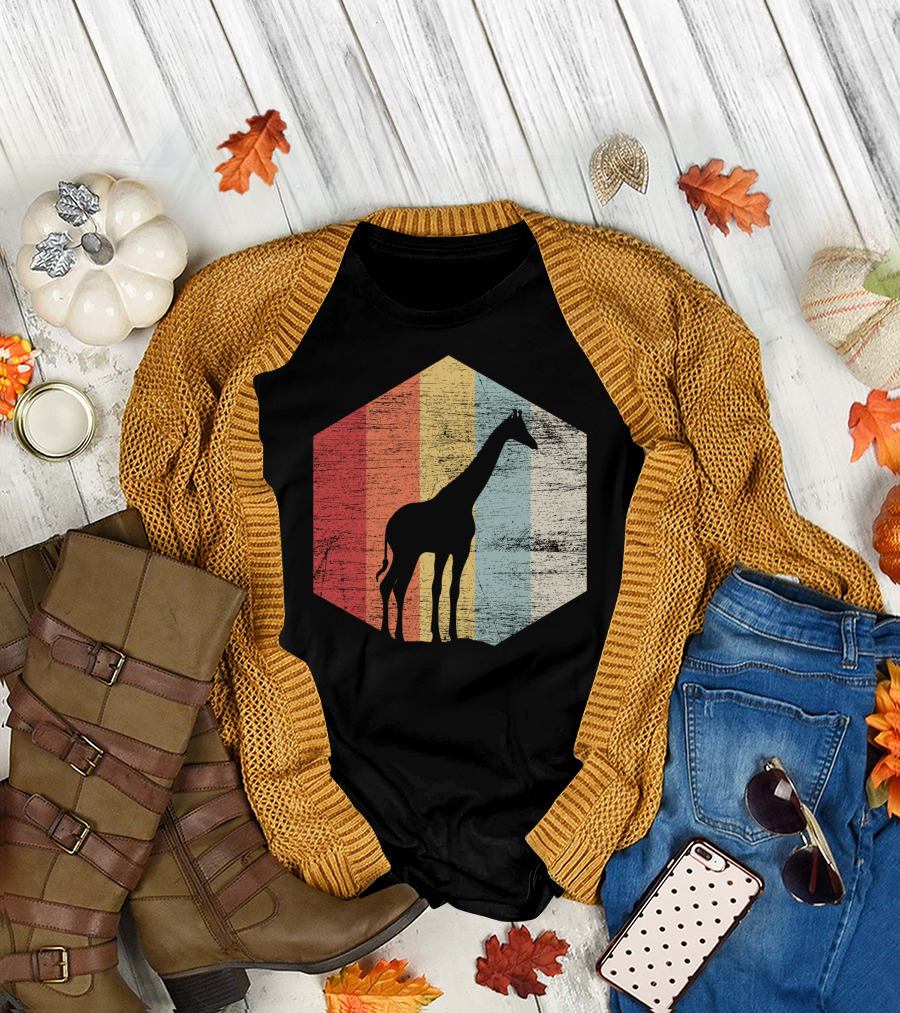 Retro Giraffe Silhouette with Vintage Stripes T-Shirt