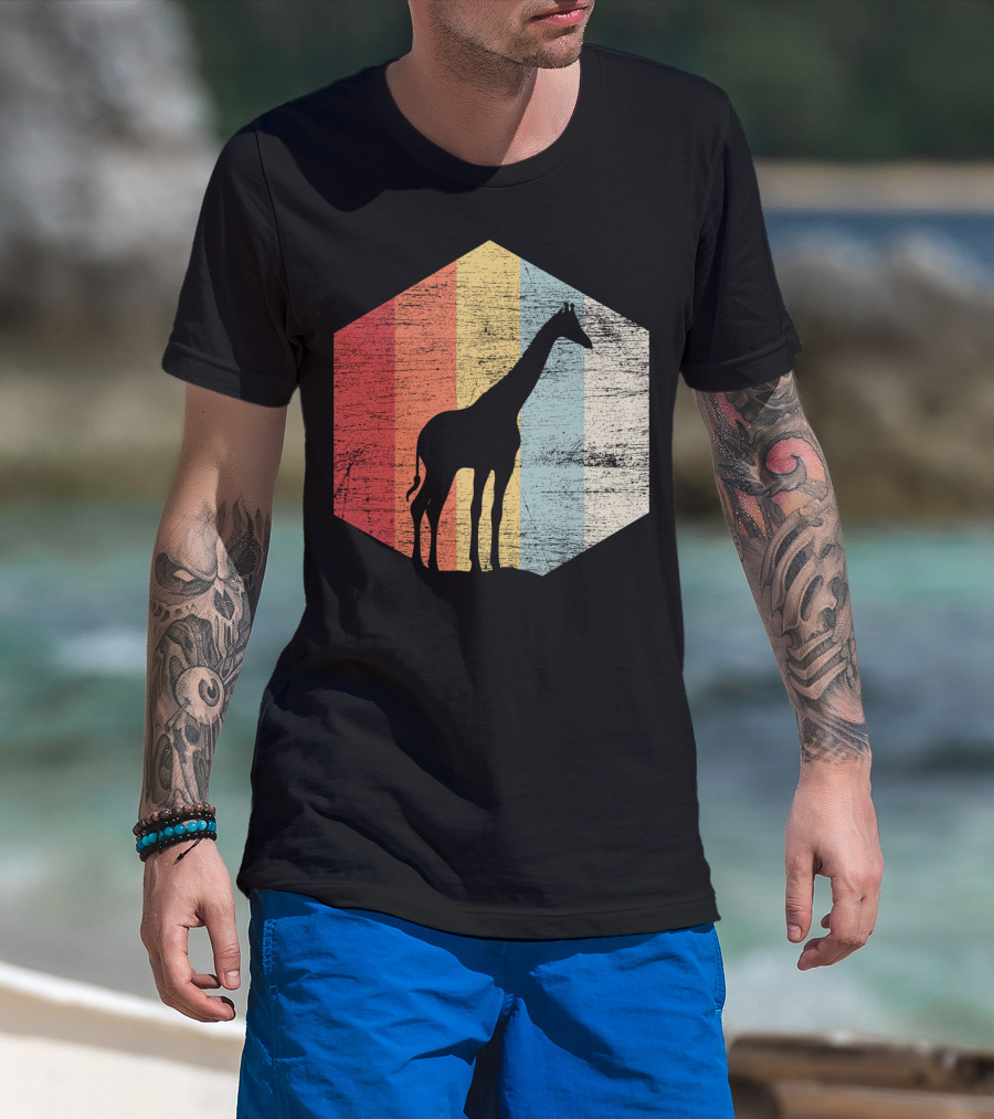 Retro Giraffe Silhouette With Vintage Stripes T-Shirt