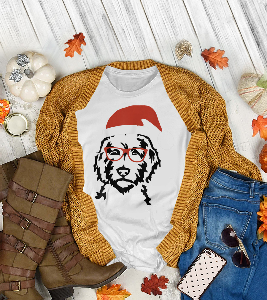 Santa Doodle Goldendoodle Christmas Red Hat Glasses T-Shirt