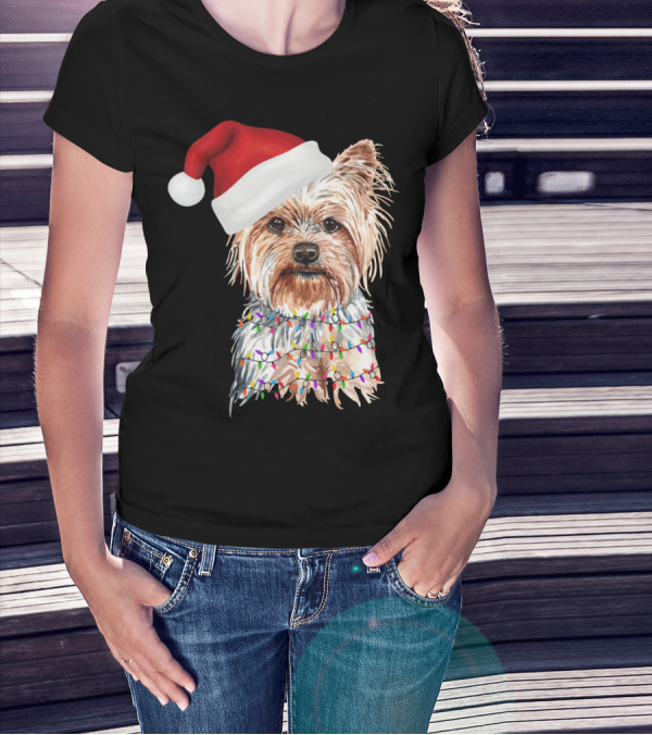 Santa Yorkie Terrier Dog With Christmas Lights Reindeer T-Shirt