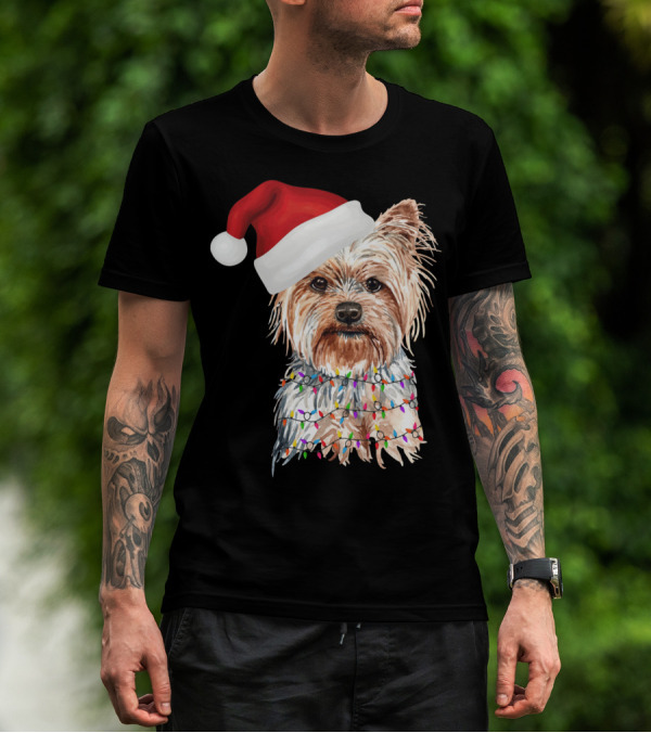 Santa Yorkie Terrier Dog With Christmas Lights Reindeer T-Shirt