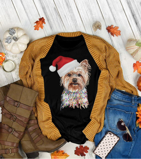 Santa Yorkie Terrier Dog With Christmas Lights Reindeer T-Shirt