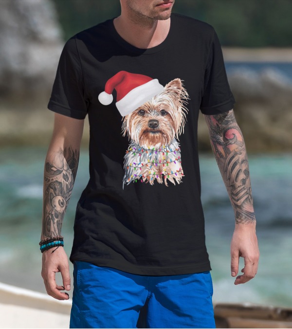Santa Yorkie Terrier Dog With Christmas Lights Reindeer T-Shirt