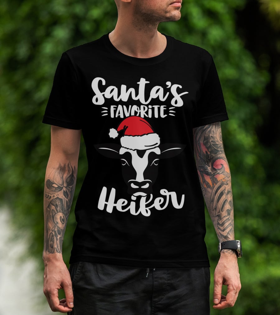 Santa's Favorite Heifer Cow Cattle Farmer Christmas Santa Hat T-Shirt