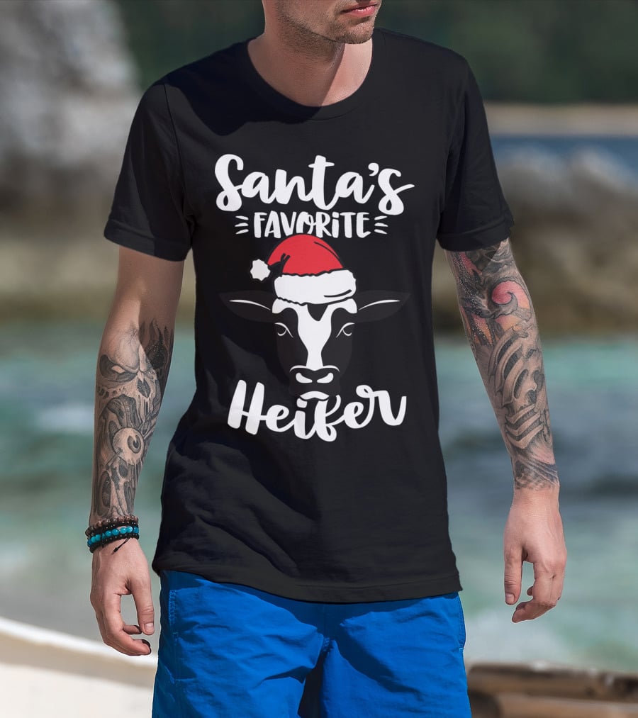 Santa's Favorite Heifer Cow Cattle Farmer Christmas Santa Hat T-Shirt