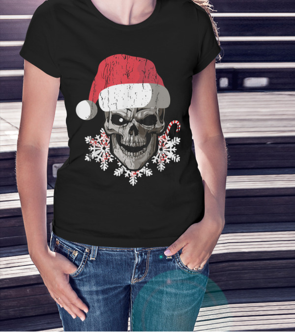 Skull Santa Hat Snowflakes Candy Cane T-Shirt