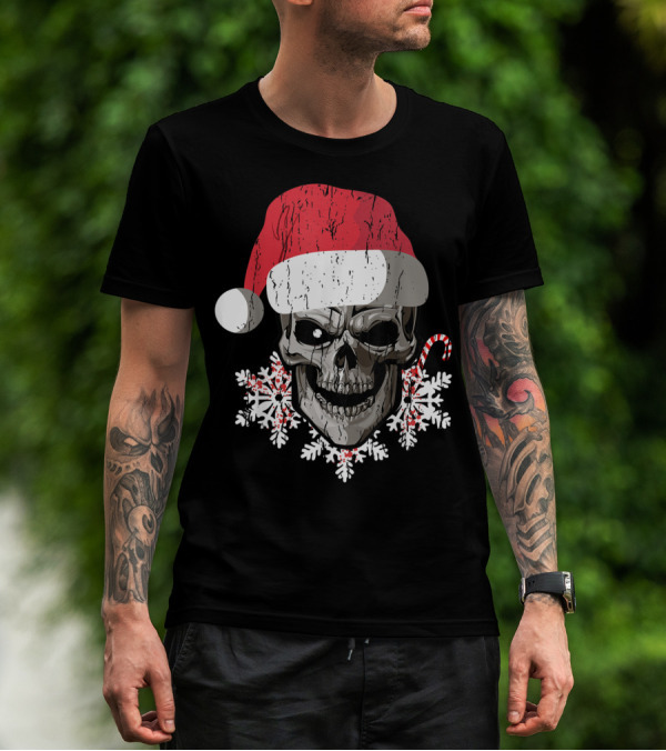 Skull Santa Hat Snowflakes Candy Cane T-Shirt