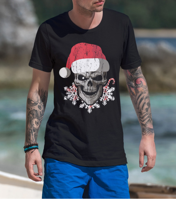 Skull Santa Hat Snowflakes Candy Cane T-Shirt