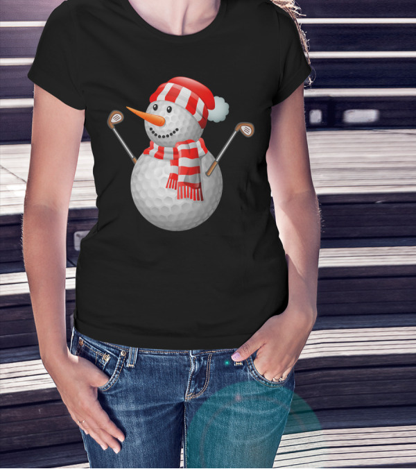 Snowman Golf Ball Christmas Hat Red Scarf Golf Clubs T-Shirt