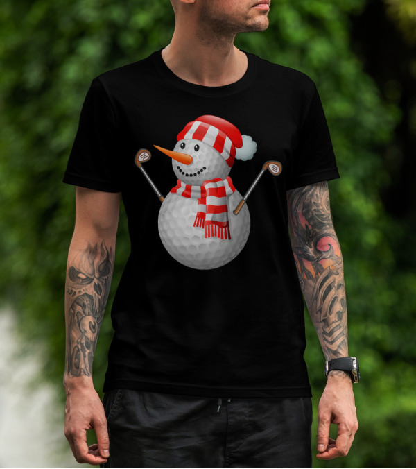 Snowman Golf Ball Christmas Hat Red Scarf Golf Clubs T-Shirt