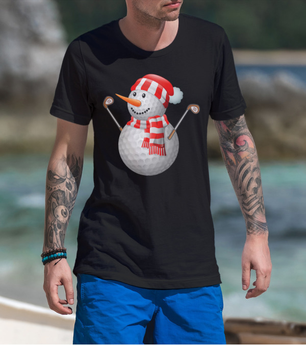 Snowman Golf Ball Christmas Hat Red Scarf Golf Clubs T-Shirt