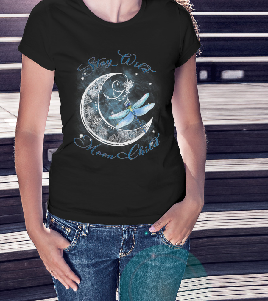 Stay Wild Moon Child Dreamy Dragonfly On Crescent Moon T-Shirt