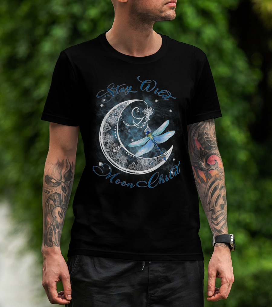 Stay Wild Moon Child Dreamy Dragonfly On Crescent Moon T-Shirt