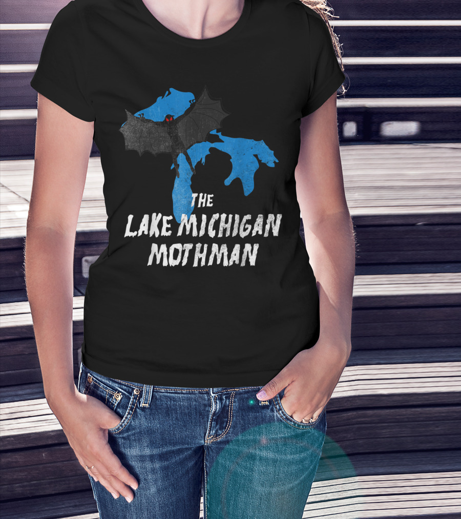 The Lake Michigan Mothman Over Michigan Map With Black And Red Bat Monster T-Shirt